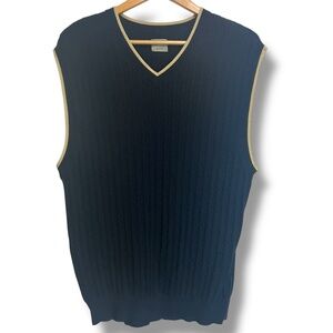 Haggar Golf Cable Knit Sweater V Neck Vest Men XL Navy Blue w/ Tan Contrast Trim